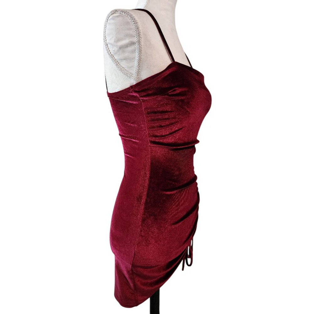 Windsor Burgundy Velvet Mini Dress Ruched Side Drawstring Spaghetti Straps Small - Picture 3 of 11